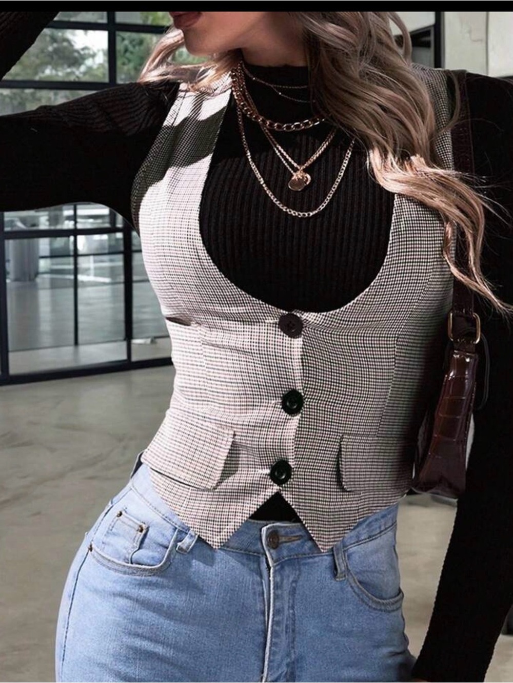 Checked Vest  Top in Brown and Cream